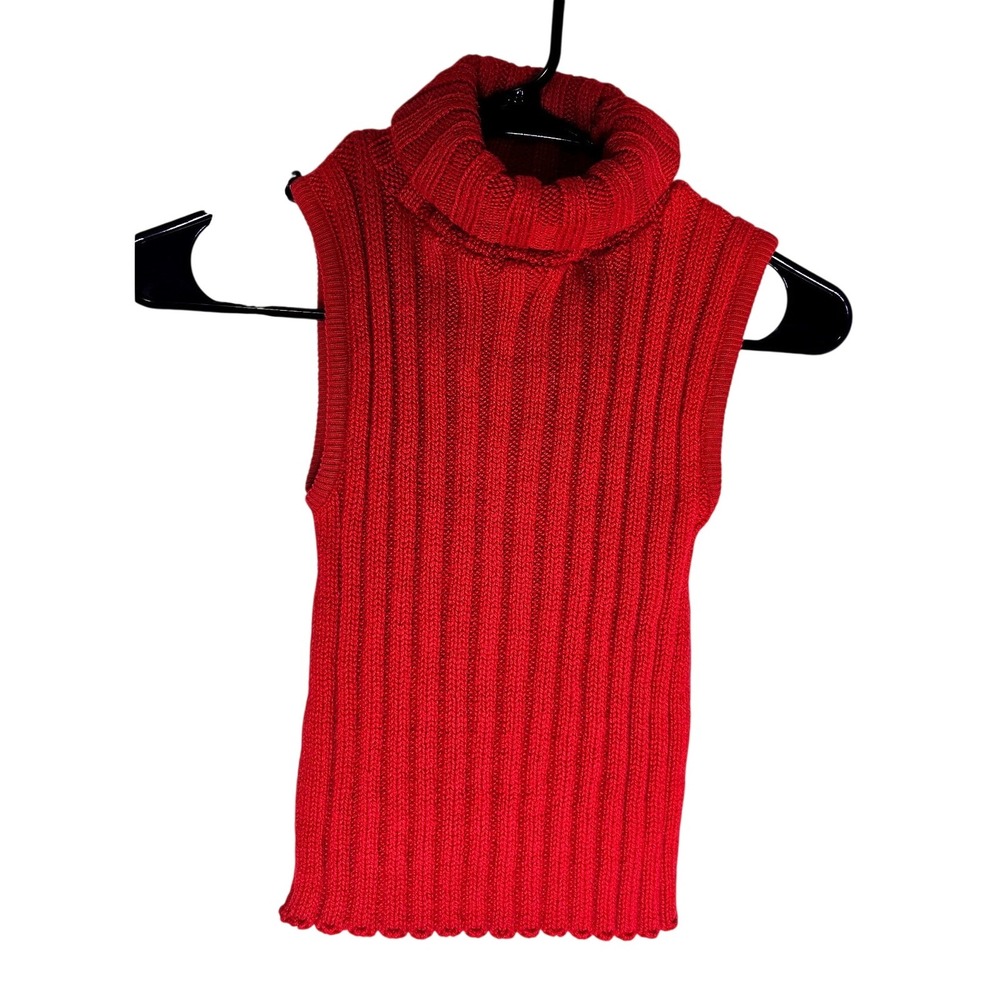 Vintage 80s Tricot Campana Red Ribbed Knit Sleeveless Turtleneck Crop Sweater S